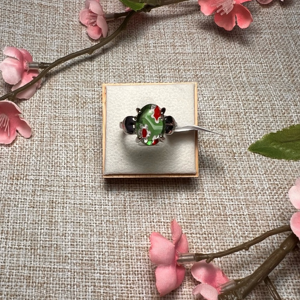 Size 9 | Silver Boho Gemstone Ring – Large Oval Floral Agate, Chunky Statement
